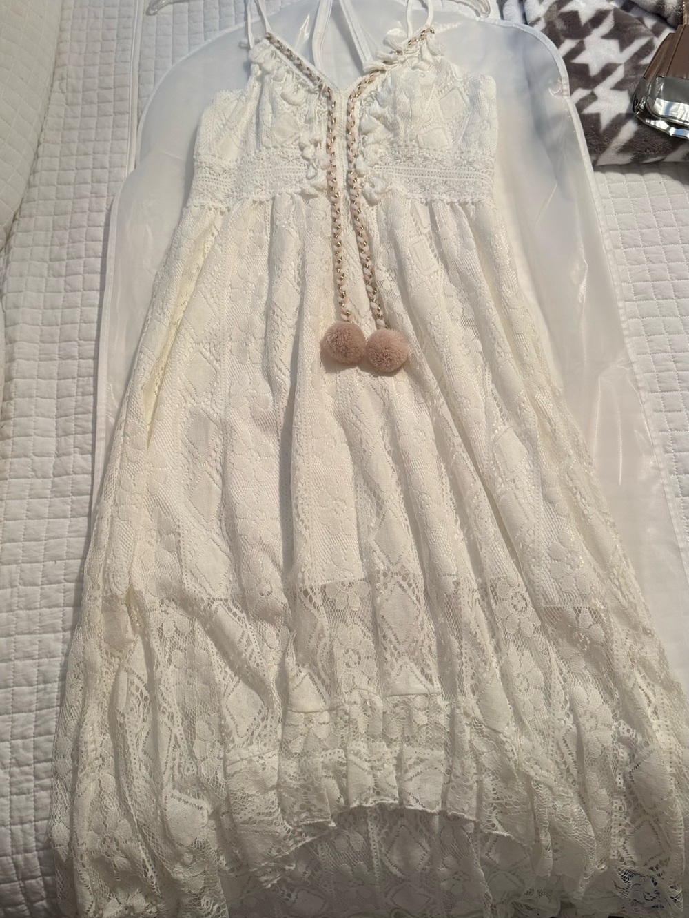 Cupshe Cream Lace Pom-Trim womens Dress